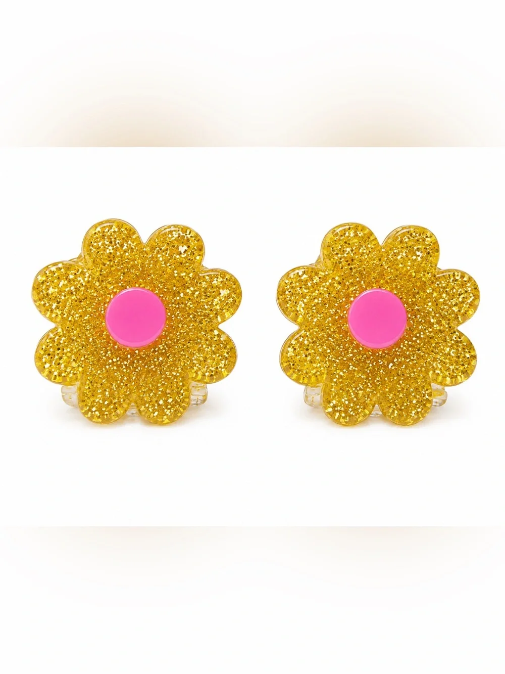 Vintage Kids Glitter Flower Hair Clips - Gold with Pink Centers